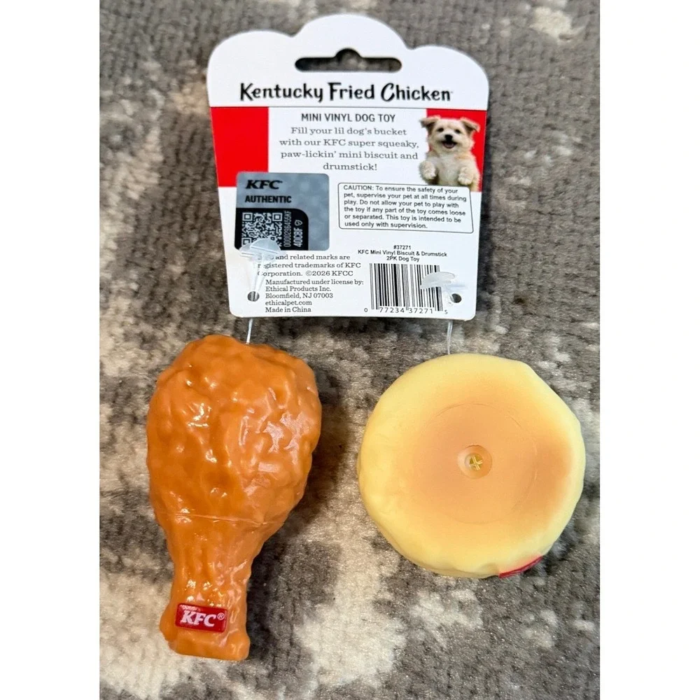 KFC-Three Vinyl Squeak Dog Toys-Soda-Drum Stick-Biscuit (NWT)